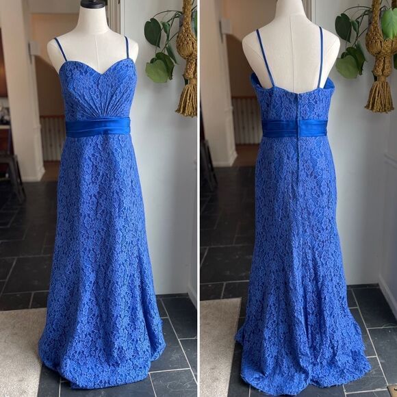 Christina Wu Cobalt Blue Lace Satin Mermaid Dress Tulip Hem Formal Prom 22 - Picture 1 of 7